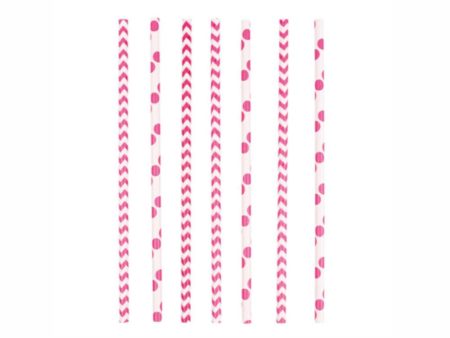 Dots & Chevron Bright Pink Paper Drinking Straws 24pcs Online