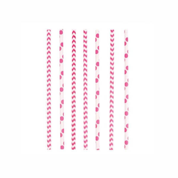 Dots & Chevron Bright Pink Paper Drinking Straws 24pcs Online